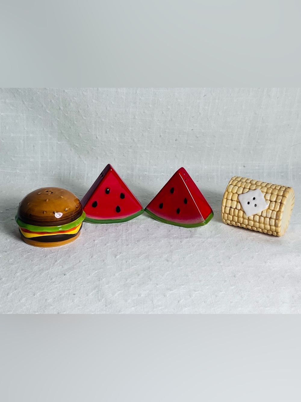 Vintage Ceramic Food Salt Pepper Shakers Watermelon Burger Corn Set of 4